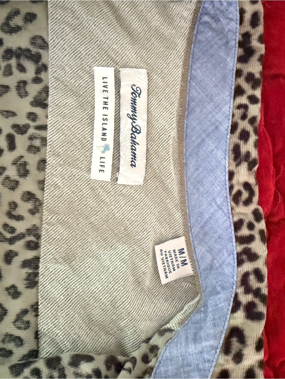 Tommy Bahama Leopard Print Blouse with Light Blue Trim and Red Accent